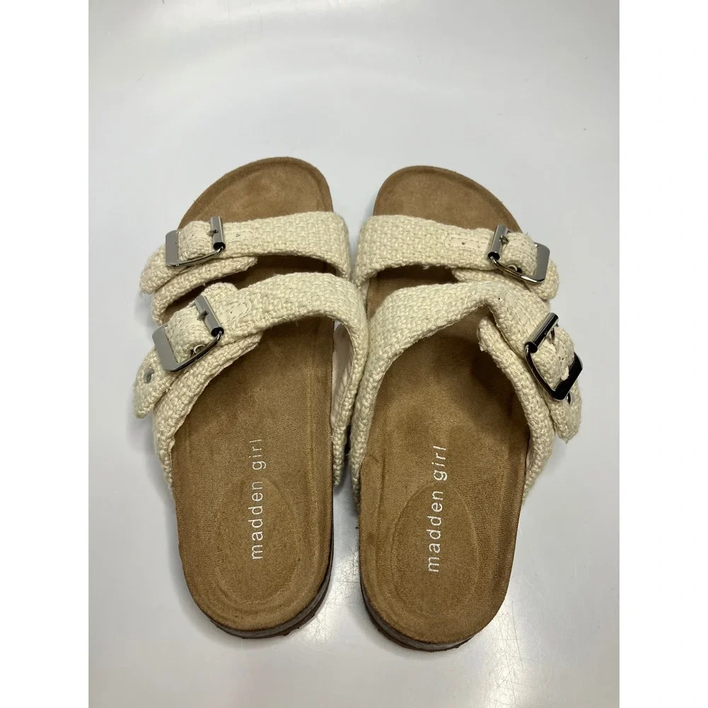 Madden Girl Breaker Sandals Womens 7.5 Cream new Woven Buckle Slide